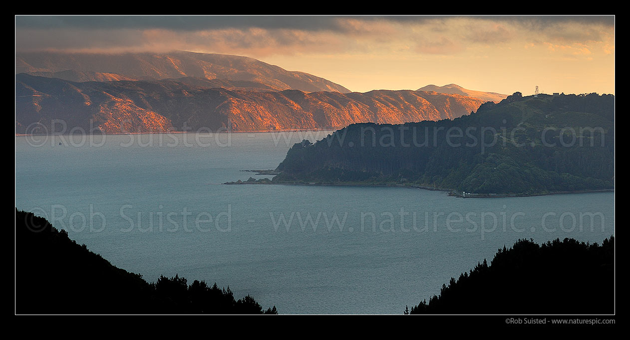 Image of Wellington Harbour panorama. Post storm sunlight on Pencarrow Head and Eastbourne Coast. Point Halswell & Miramar Peninsula right, Wellington Harbour, Wellington City District, Wellington Region, New Zealand (NZ) stock photo image