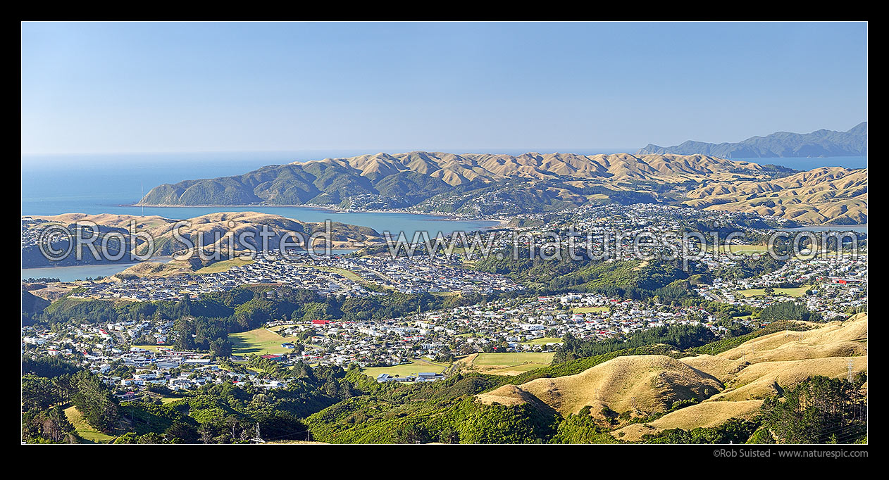 Image of Porirua City panorama, looking over Porirua East, Waitangirua, Aotea, Ascot Park, Paremata, Plimmerton suburbs from Belmont Regional Park, Porirua, Porirua City District, Wellington Region, New Zealand (NZ) stock photo image