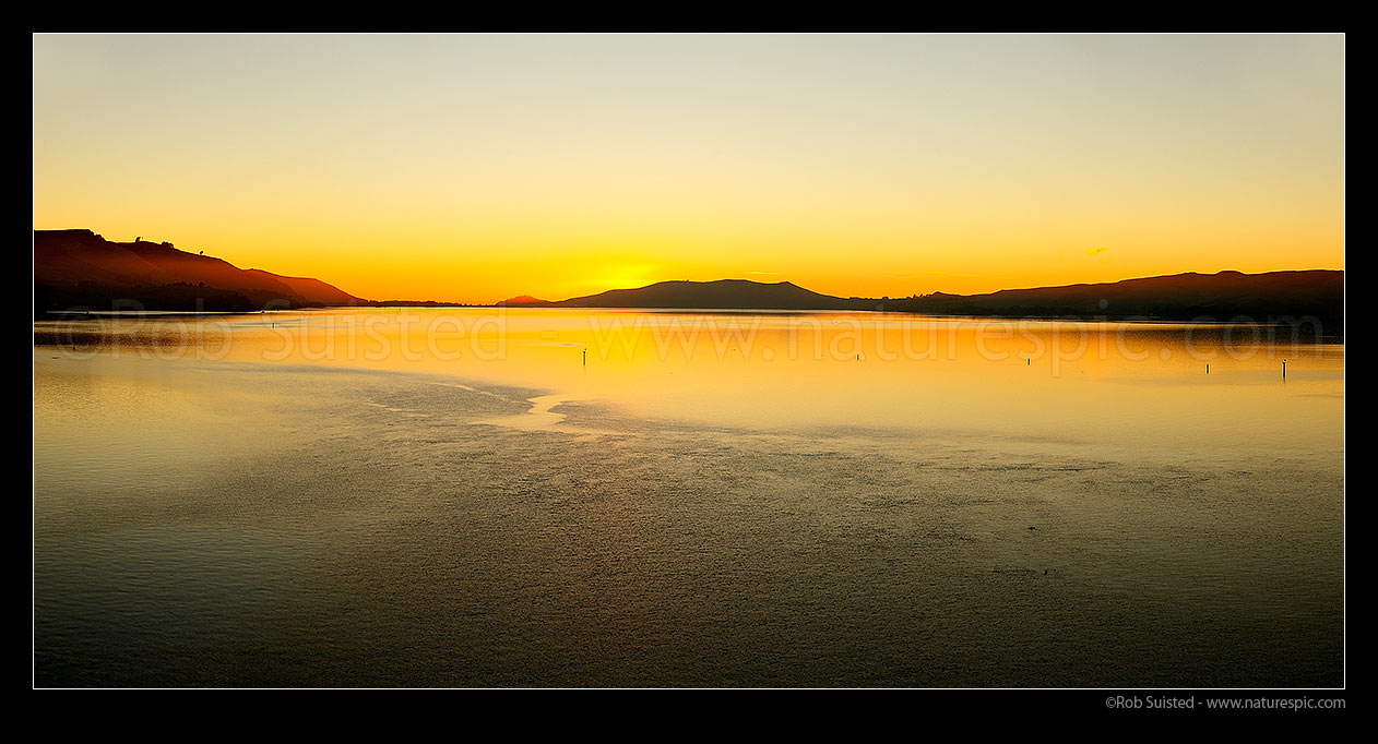 Image of Otago Harbour sunrise. Looking past Acheron Point and Te Ngaru, towards Aramoana, The Spit, Taiaroa Head, Hautai Hill (centre), and Otakou (right). Panorama, Port Chalmers, Dunedin City District, Otago Region, New Zealand (NZ) stock photo image