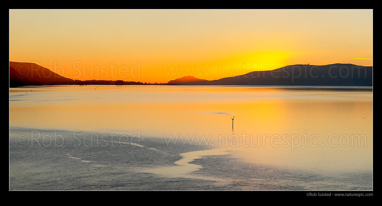 Image of Sun rising over Otago Harbour, looking towards the Harbour Entrance, Port Chalmers, Dunedin City District, Otago Region, New Zealand (NZ) stock photo image