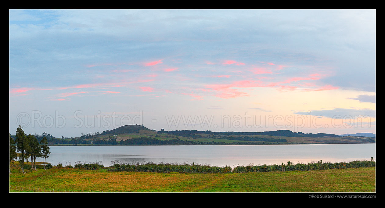 Image of Lake Omapere twilight. Flax harakeke on lake shoreline and farmland. Mt Putahi beyond near Kaikohe. Panorama, Okaihau, Far North District, Northland Region, New Zealand (NZ) stock photo image