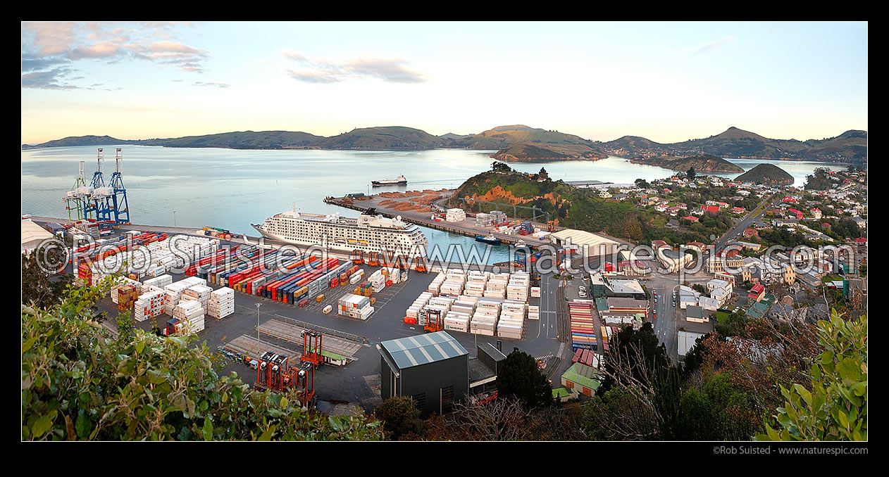 Image of Port Chalmers Container Terminal and log export wharf in Dunedin Harbour. The World ship in port. Port Chalmers township at right. Potrobello in distance. Panorama, Port Chalmers, Dunedin City District, Otago Region, New Zealand (NZ) stock photo image