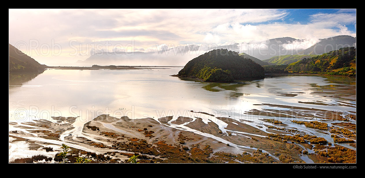 Image of Tidal Delaware Bay lagoon with Pepin Island (far left), Maori Pa Beach isthmus and Delaware Bay (centre left) and Bishop Peninsula right. Panorama, Cable Bay, Nelson City District, Nelson Region, New Zealand (NZ) stock photo image