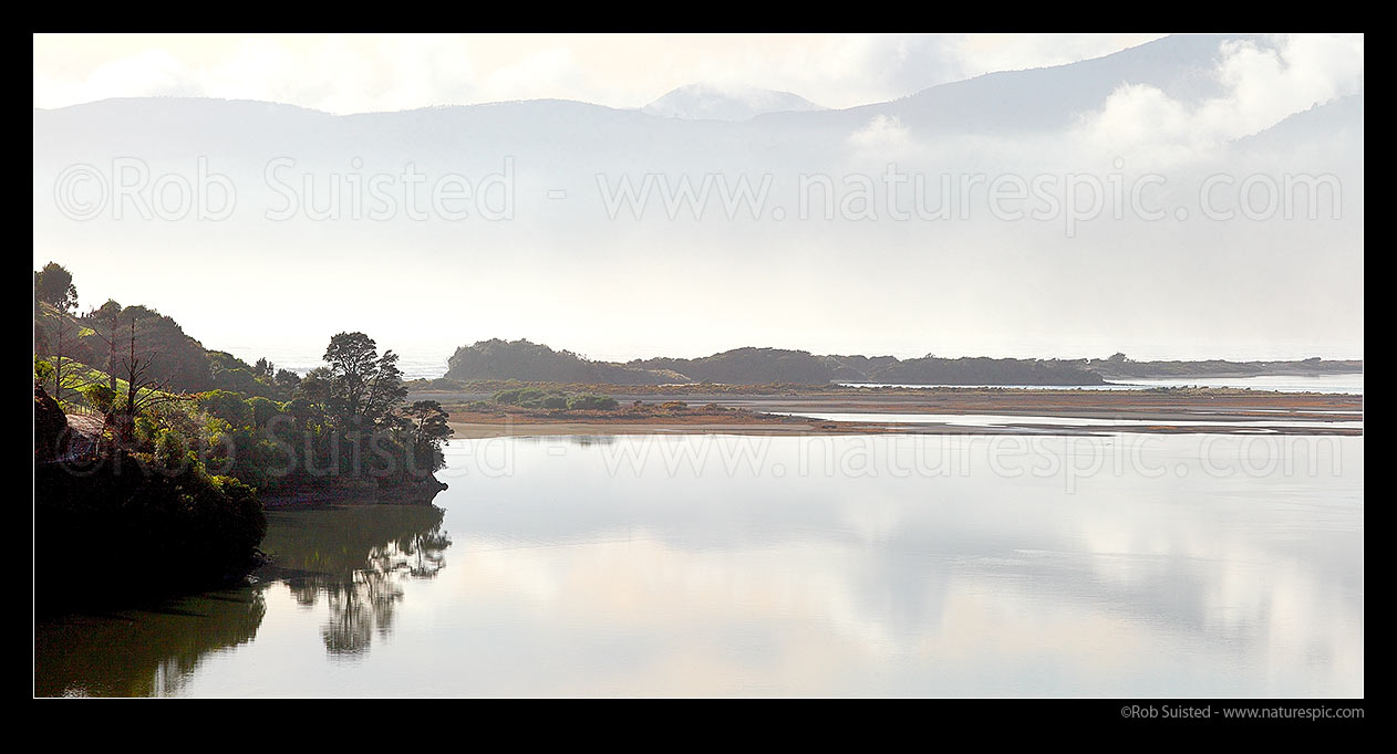 Image of Tidal Delaware Bay lagoon with Pepin Island (left), Maori Pa Beach isthmus and Delaware Bay (behind). Panorama, Cable Bay, Nelson City District, Nelson Region, New Zealand (NZ) stock photo image