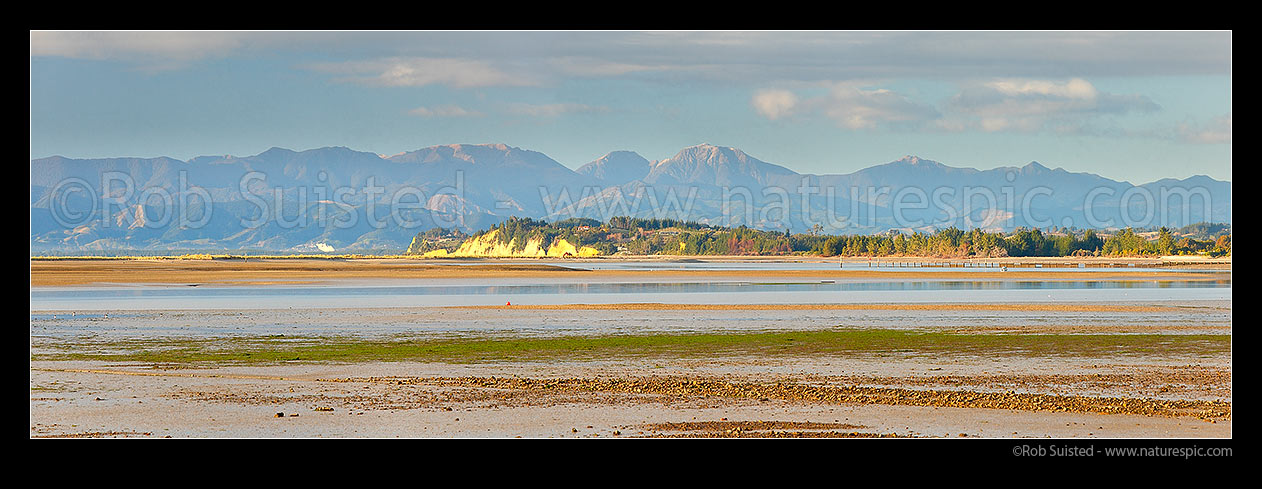 Image of Kina Peninsula and Beach towards Moutere Bluffs and Ruby Bay. Seen across Tasman Bay from Motueka. Mt Rintoul and Richmond Range beyond. Panorama, Motueka, Tasman District, Tasman Region, New Zealand (NZ) stock photo image