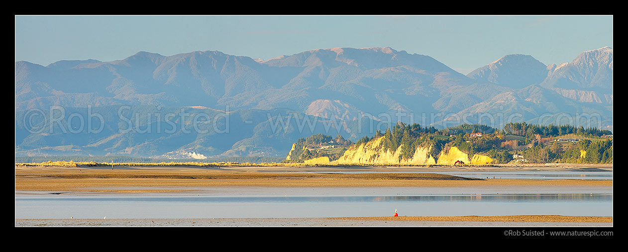 Image of Kina Peninsula and Beach towards Moutere Bluffs and Ruby Bay. Seen across Tasman Bay from Motueka. Mt Rintoul and Richmond Range beyond. Panorama, Motueka, Tasman District, Tasman Region, New Zealand (NZ) stock photo image