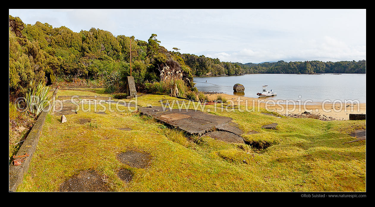 Image of Whalers' Base Bay remains of Rosshavet Whaling Company chaser repair shipyard at Kaipipi, 1925-1931. Concrete workshop foundations visible. Old steam boiler in tide. Panorama, Paterson Inlet / Whaka a Te Wera, Stewart Island District, Southland Region, New Zealand (NZ) stock photo image