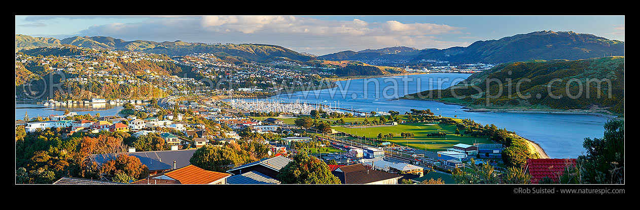 Image of Porirua Harbour panorama from Camborne. Mana and Paremata centre left, Porirua City distant right. Papakowhai centre and Titahi Bay Onepoto far right, Plimmerton, Porirua City District, Wellington Region, New Zealand (NZ) stock photo image