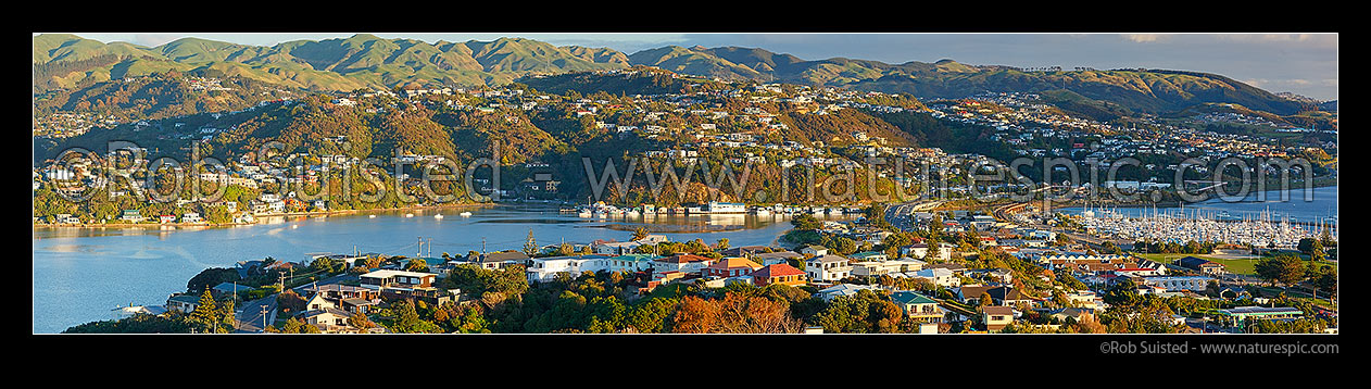 Image of Porirua Harbour panorama from Camborne. Pauatahanui Inlet, Paremata and Whitby left, Mana and Papakowhai right, Plimmerton, Porirua City District, Wellington Region, New Zealand (NZ) stock photo image