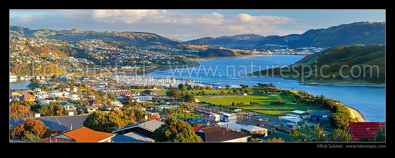 Image of Porirua Harbour panorama from Camborne. Mana and Paremata centre left, Porirua City distant right. Papakowhai centre and Titahi Bay Onepoto far right, Plimmerton, Porirua City District, Wellington Region, New Zealand (NZ) stock photo image