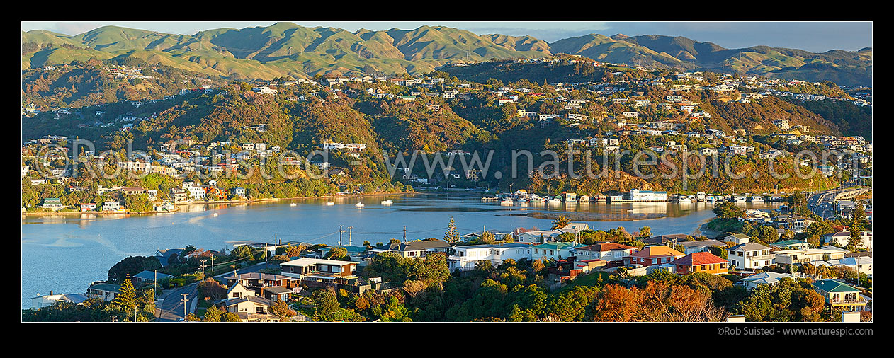 Image of Paremata and Ivey Bay on Porirua Harbour (Pauatahanui Inlet). Panorama, Paremata, Porirua City District, Wellington Region, New Zealand (NZ) stock photo image