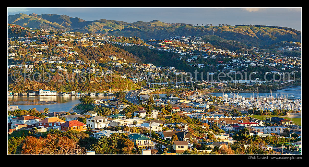 Image of Paremata (left) and Mana (foreground) on Porirua Harbour (Pauatahanui Inlet). Papakowhai right. Panorama, Mana, Porirua City District, Wellington Region, New Zealand (NZ) stock photo image