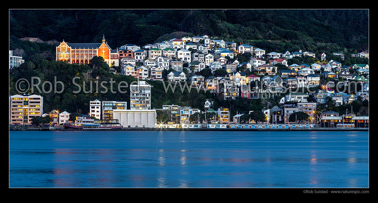 Image of Roseneath Oriental Bay houses and villas perched above Oriental Parade Beach, Wellington Harbour and Port Nicholson Yacht Club boat sheds. St Gerard's Monsatery at left. Panorama, Wellington, Wellington City District, Wellington Region, New Zealand (NZ) stock photo image