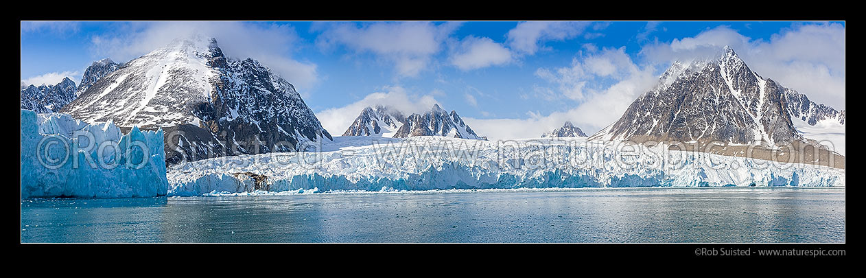 Image of Monacobreen and Seligerbreen Glaciers, Liefdefjorden, North West Spitsbergen. Panorama, Monacobreen, Svalbard stock photo image