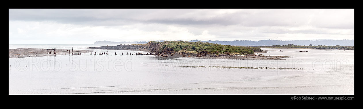 Image of Okarito Lagoon and River mouth. Showing ruins of historic wharf remains built in 1930's by Downers for timber export. Panorama, Okarito, Westland District, West Coast Region, New Zealand (NZ) stock photo image