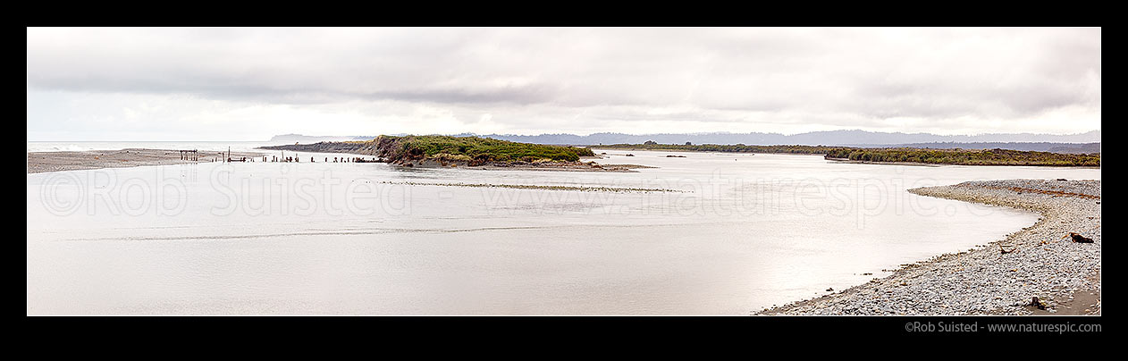 Image of Okarito Lagoon and River mouth. Panorama, Okarito, Westland District, West Coast Region, New Zealand (NZ) stock photo image