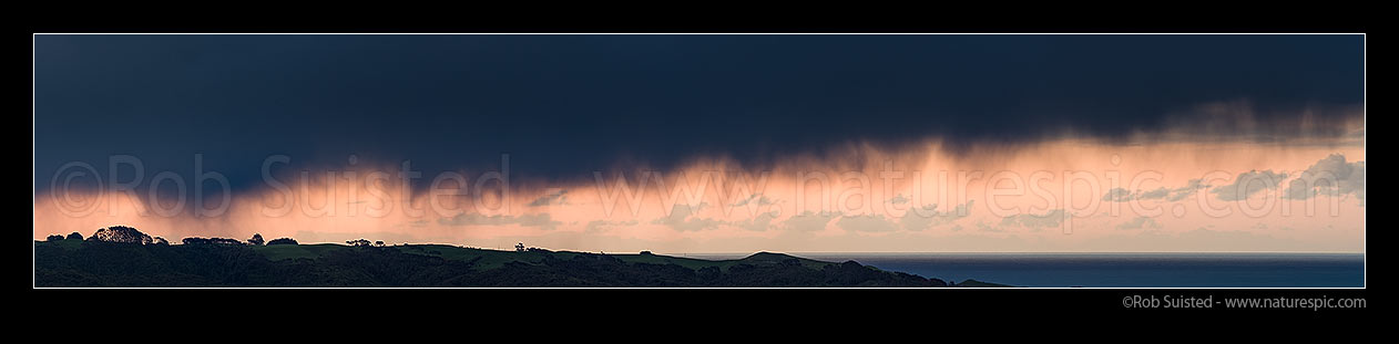 Image of Cold southerly front bringing hail and rain over Porirua, Elsdon, Titahi Bay and Pikarere Station, Cook Strait beyond. Panorama, Porirua, Porirua City District, Wellington Region, New Zealand (NZ) stock photo image