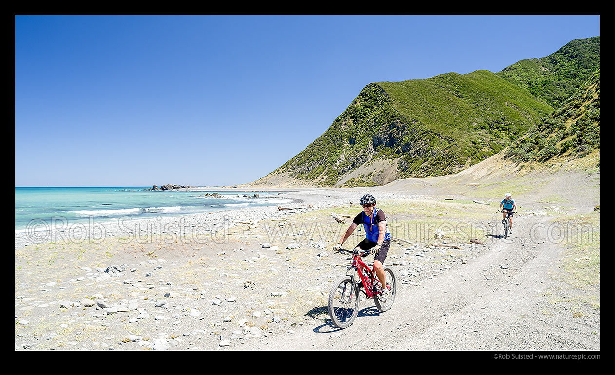 Image of Remutaka (Rimutaka) Cycle Trail bike riders, riding one of NZ's Great Rides (part of Nga Haerenga, The New Zealand Cycle Trail). Mountain biking Mukamukaiti stream. Windy Point behind, Remutaka Forest Park, South Wairarapa District, Wellington Region, New Zealand (NZ) stock photo image