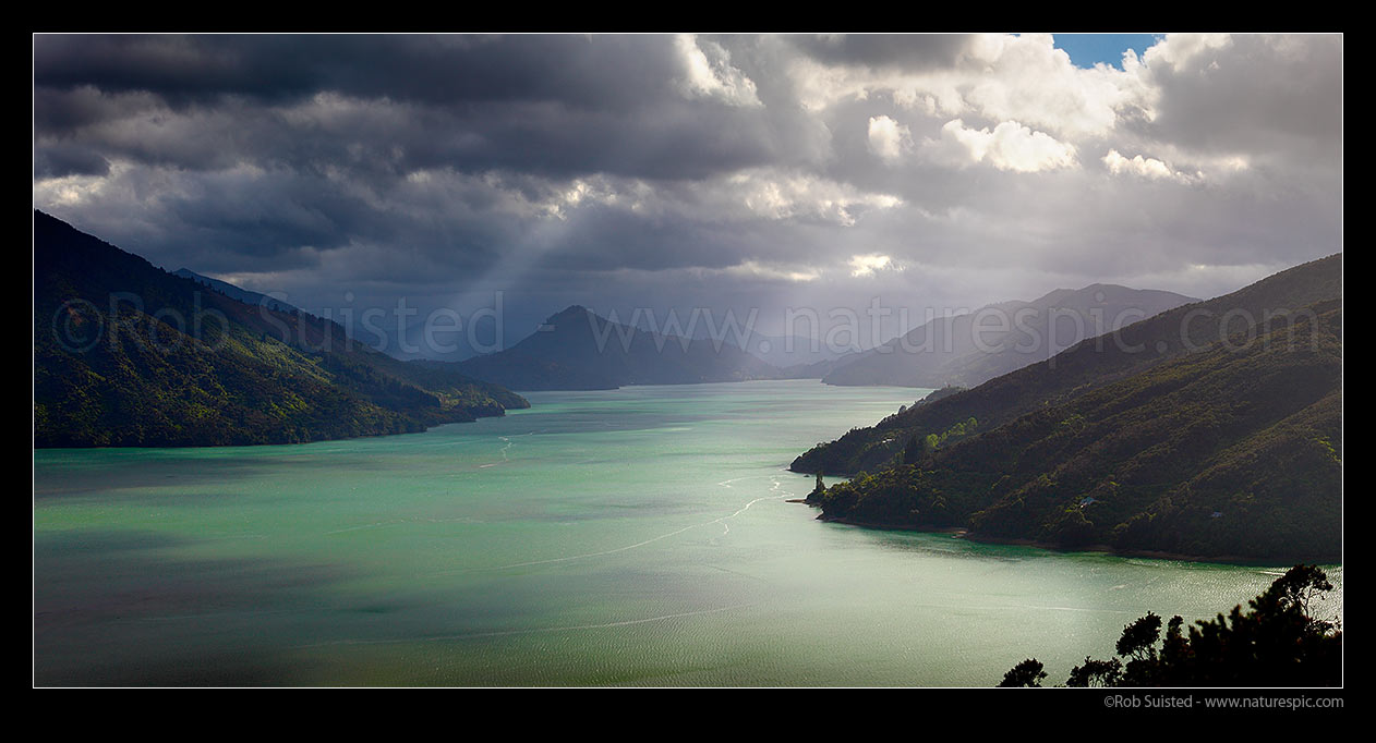 Image of Pelorus Sound and Mahau Sound on a moody stormy day. Okahoka Point and Hoods Bay centre. Marlborough Sounds panorama, Havelock, Marlborough District, Marlborough Region, New Zealand (NZ) stock photo image