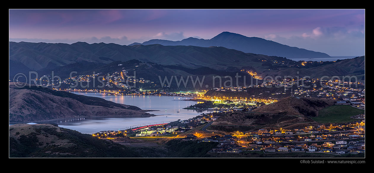 Image of Porirua Harbour panorama with Kapiti Island beyond. Plimmerton, Mana, Paremata, Aotea, Papakowhai and Camborne in panorama, Paremata, Porirua City District, Wellington Region, New Zealand (NZ) stock photo image