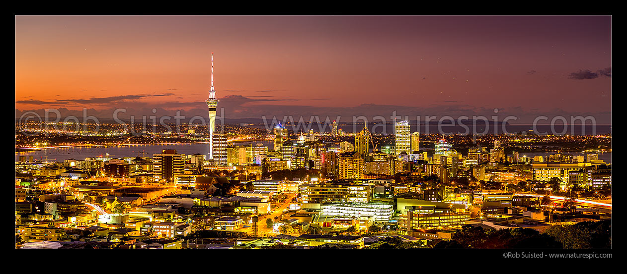 Image of Auckland city CBD and Sky Tower at night. Panorama, Auckland, Auckland City District, Auckland Region, New Zealand (NZ) stock photo image