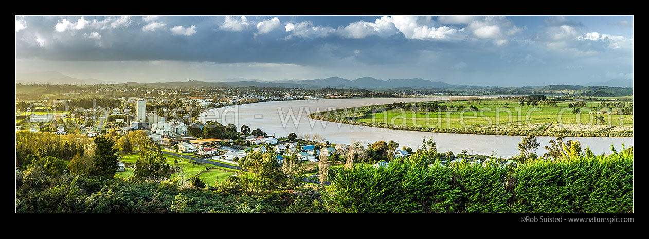 Image of Dargaville township on the tidal Wairoa River, with the Tangihua Ranges in distance. Evening panorama, Dargaville, Kaipara District, Northland Region, New Zealand (NZ) stock photo image