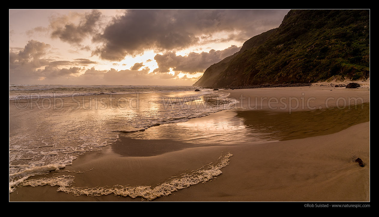 Image of Aranga Beach on a windswept evening, below Maunganui Bluff. Panorama, Aranga Beach, Manganui Bluff, Kaipara District, Northland Region, New Zealand (NZ) stock photo image