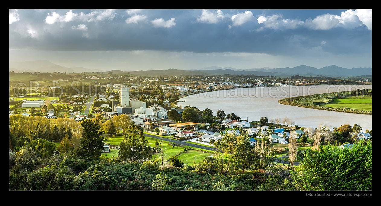 Image of Dargaville township on the tidal Wairoa River, with the Tangihua Ranges in distance at right. Evening panorama, Dargaville, Kaipara District, Northland Region, New Zealand (NZ) stock photo image