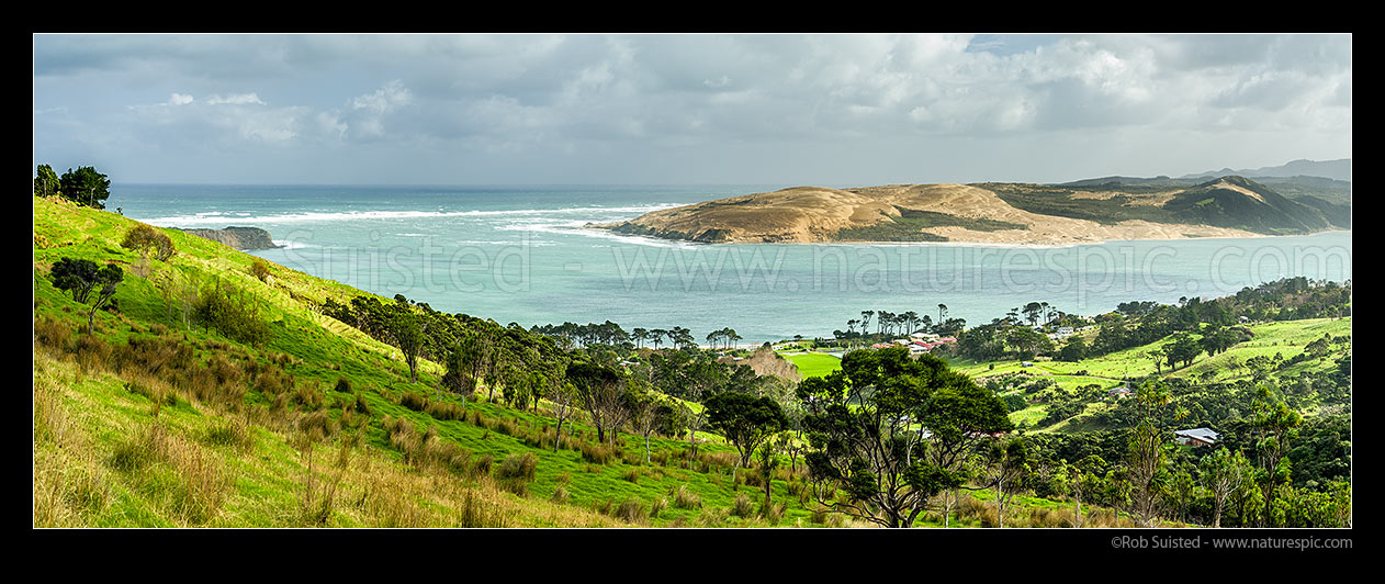 Image of Hokianga Harbour entrance panorama with South Head (far left) and North Head (centre), beyond Omapere township, Omapere, Hokianga, Far North District, Northland Region, New Zealand (NZ) stock photo image