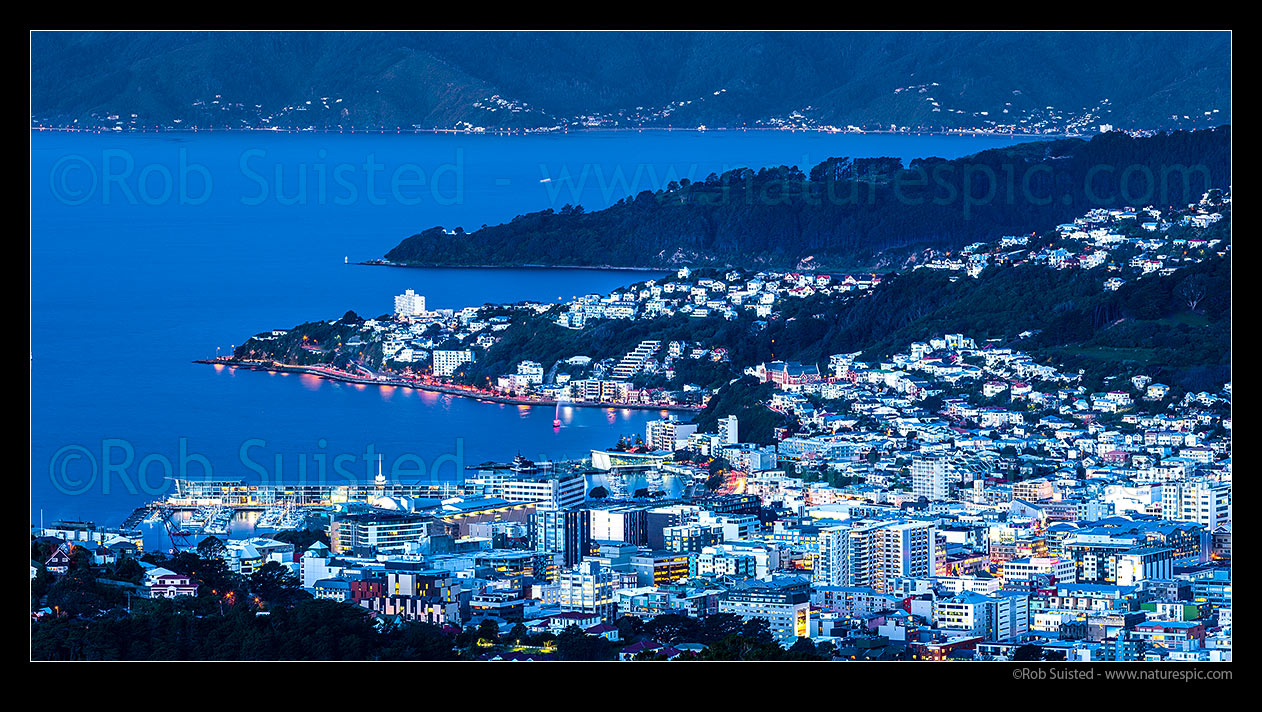 Image of Wellington City, Harbour, Oriental Bay, Roseneath and Mt Victoria, seen at dusk. Point Jerningham and Halswell, with Eastern suburbs behind, Wellington, Wellington City District, Wellington Region, New Zealand (NZ) stock photo image