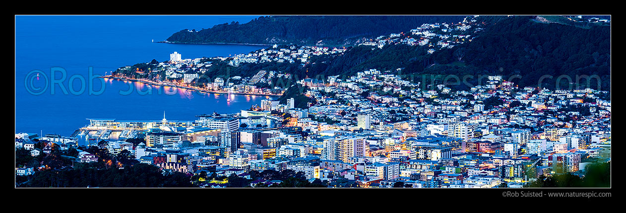 Image of Wellington City, Oriental Bay, Roseneath and Mt Victoria, seen at dusk. Point Jerningham and Halswell jutting into harbour. Panorama, Wellington, Wellington City District, Wellington Region, New Zealand (NZ) stock photo image