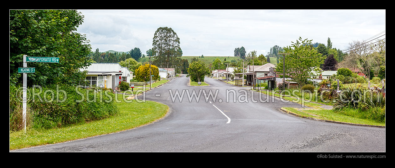 Image of Ohura township, looking down the main Ngarimu Street, through the old commercial centre of the town. Panorama, Ohura, Ruapehu District, Manawatu-Wanganui Region, New Zealand (NZ) stock photo image