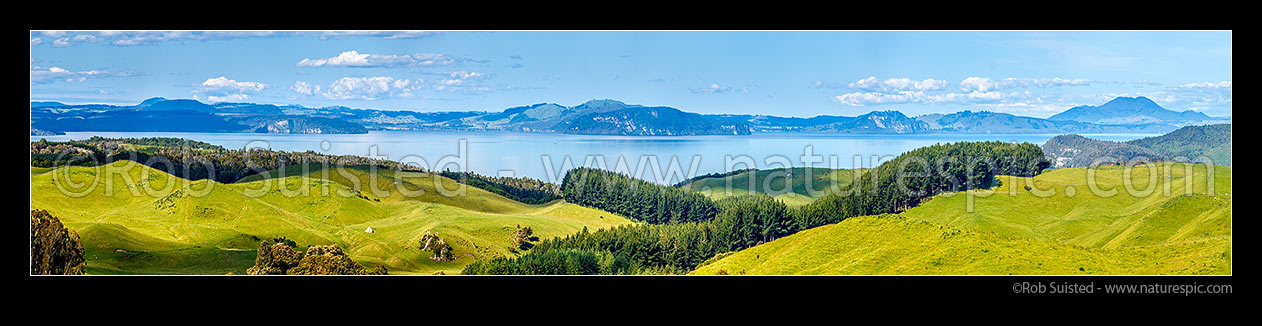 Image of Lake Taupo panorama seen from Western Lakes Road farmland near Whanganui Bay. Whangamata Bluffs and Whakaroa Point centre, Western Lake Taupo, Taupo District, Waikato Region, New Zealand (NZ) stock photo image