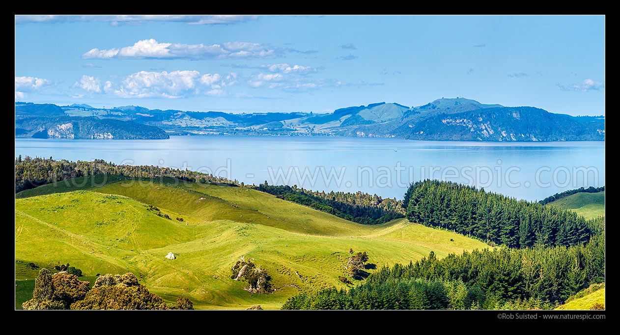 Image of Lake Taupo hill country farmland with Kinloch in centre distance, from near Whanganui Bay. Panorama, Western Lake Taupo, Taupo District, Waikato Region, New Zealand (NZ) stock photo image