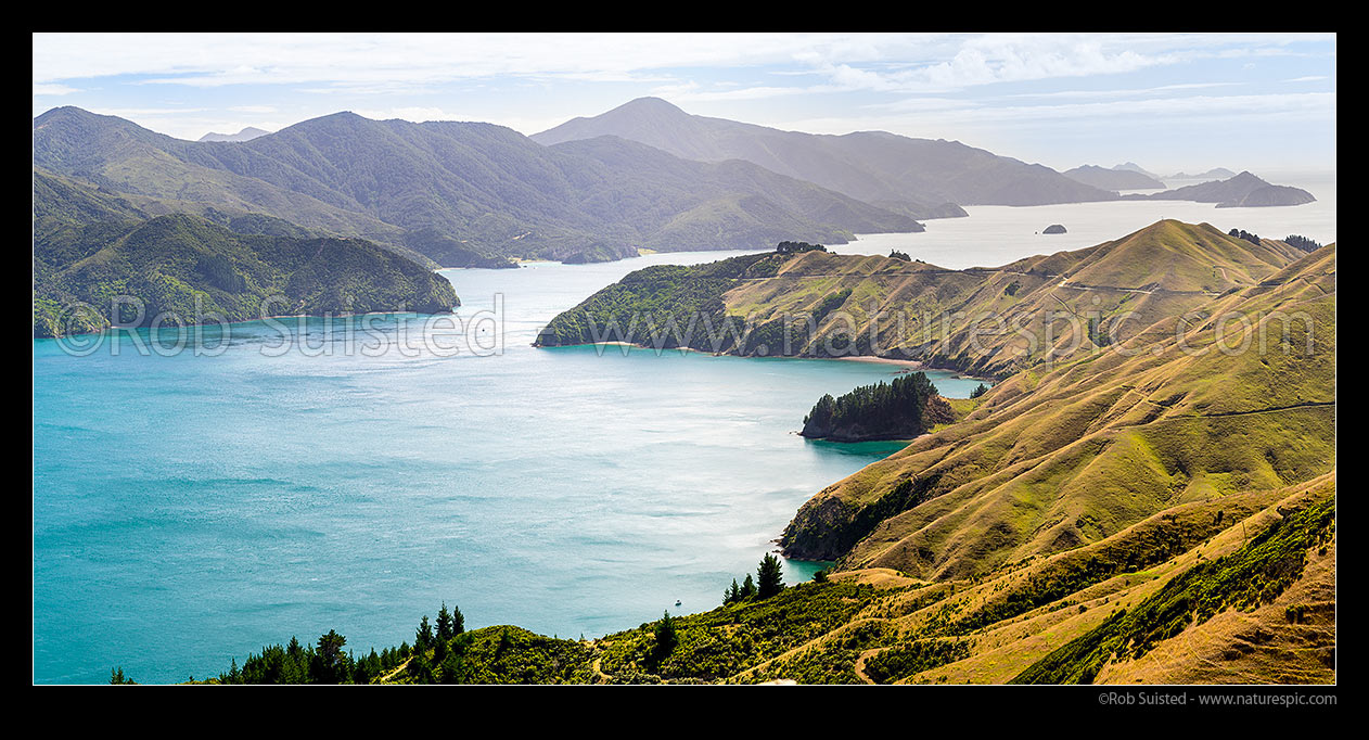 Image of French Pass (Te Aumiti) channel between D'Urville Island (left) and French Pass (Anaru). Channel Basin and Man-o-War Bay foreground. Panorama, French Pass, Marlborough Sounds, Marlborough District, Marlborough Region, New Zealand (NZ) stock photo image