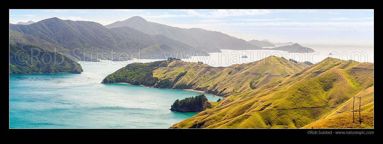 Image of French Pass passage (Te Aumiti) between D'Urville Island (left) and French Pass (Anaru). Channel Basin and Man-o-War Bay foreground left. Panorama, French Pass, Marlborough Sounds, Marlborough District, Marlborough Region, New Zealand (NZ) stock photo image