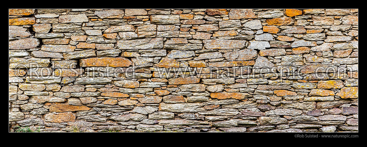 Image of Dry stone wall in historic building. Otago Schist rock. Panorama, Macraes Flat, Waitaki District, Canterbury Region, New Zealand (NZ) stock photo image