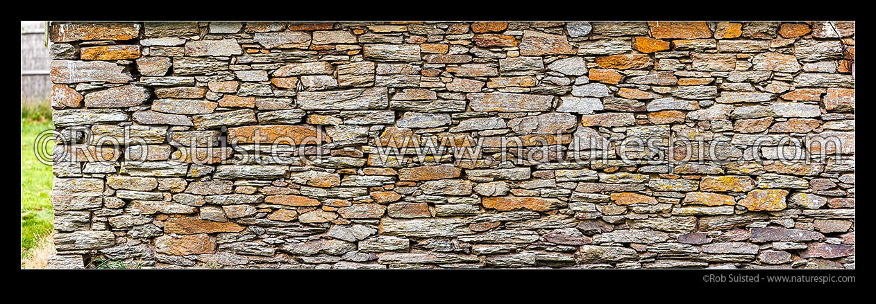 Image of Dry stone wall in historic building. Otago Schist rock. Panorama, Macraes Flat, Waitaki District, Canterbury Region, New Zealand (NZ) stock photo image