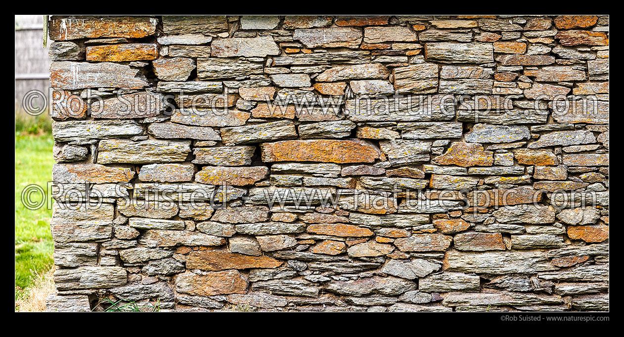 Image of Dry stone wall in historic building. Otago Schist rock. Panorama, Macraes Flat, Waitaki District, Canterbury Region, New Zealand (NZ) stock photo image