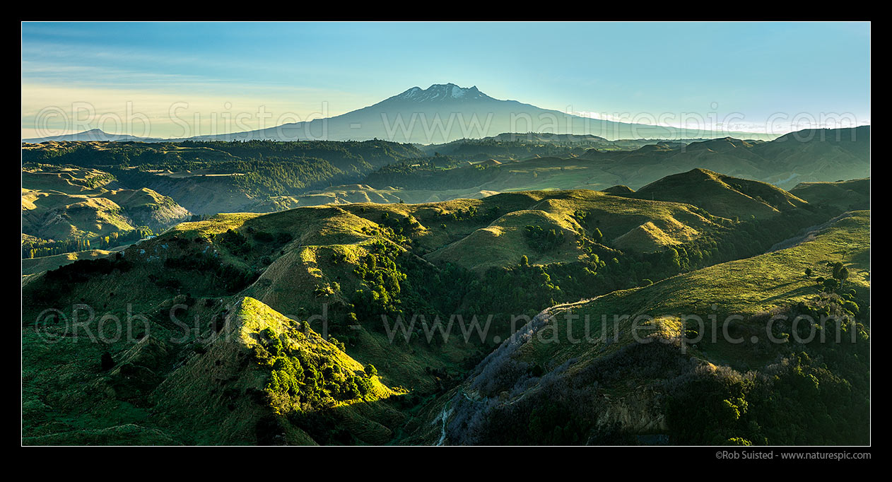 Image of Ohakune farmland panorama at dawn. Mount (Mt) Ruapehu (2797m) and Tongariro National Park above. Ararawa Stream, Ohakune, Ruapehu District, Manawatu-Wanganui Region, New Zealand (NZ) stock photo image