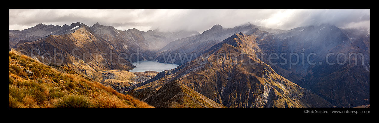 Image of Lochnagar nestled in the Richardson Mountains, above the Shotover River headwaters. Pine Creek right. Shotover Conservation Area. Panorama, Shotover River, Queenstown Lakes District, Otago Region, New Zealand (NZ) stock photo image