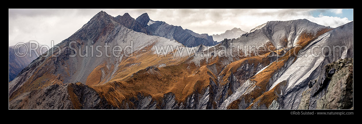 Image of Rugged alpine peaks above the Shotover River headwaters, with Craigroyston Peak (2211m) beyond. Panorama, Shotover River, Queenstown Lakes District, Otago Region, New Zealand (NZ) stock photo image