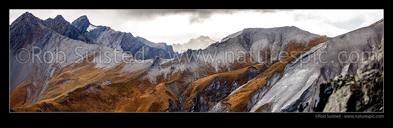 Image of Shotover River headwaters, with Craigroyston Peak (2211m - centre) amongst rugged peaks. Panorama, Shotover River, Queenstown Lakes District, Otago Region, New Zealand (NZ) stock photo image