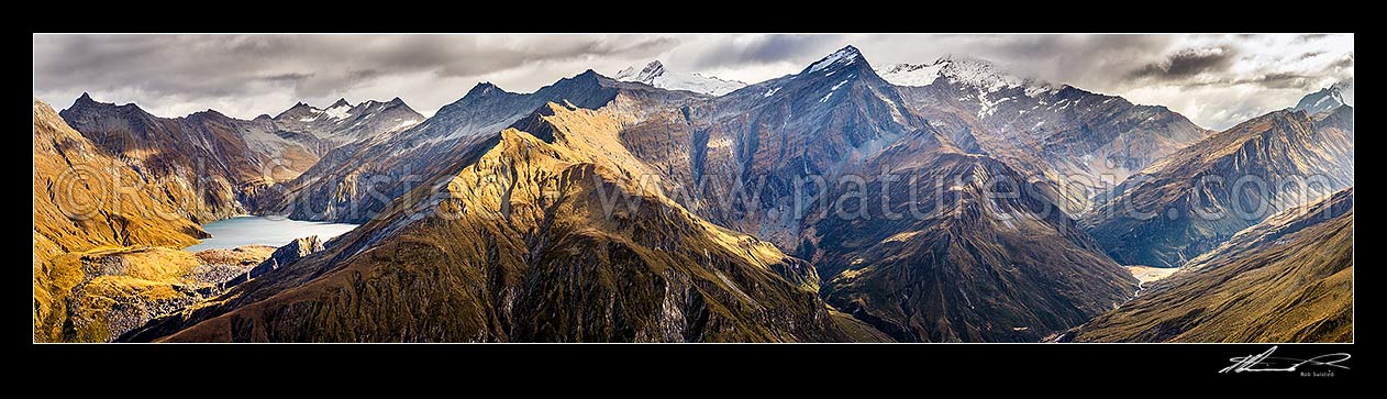 Image of Shotover River valley headwaters. Lochnagar left, Pine Creek centre, Junction Flat far right. Mt Tyndall (2496m) centre right. Tyndall Ck and Tummel Burn at right. Panorama, Shotover River, Queenstown Lakes District, Otago Region, New Zealand (NZ) stock photo image