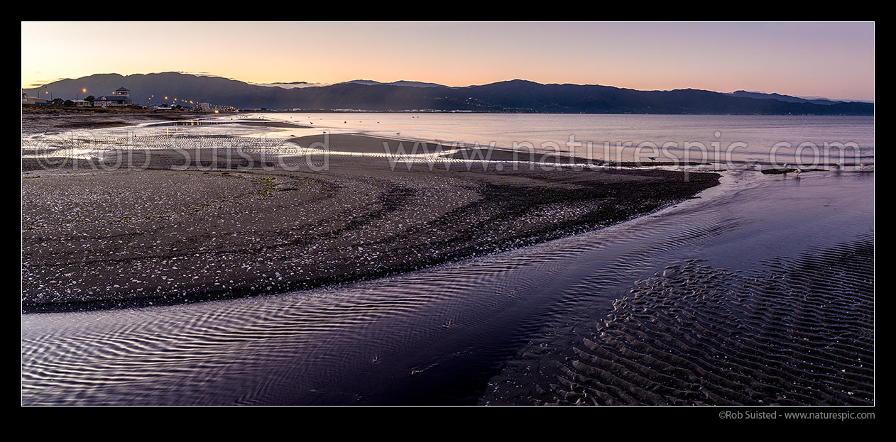 Image of Petone Beach and foreshore at dawn on outgoing tide. Panorama, Petone, Hutt City District, Wellington Region, New Zealand (NZ) stock photo image