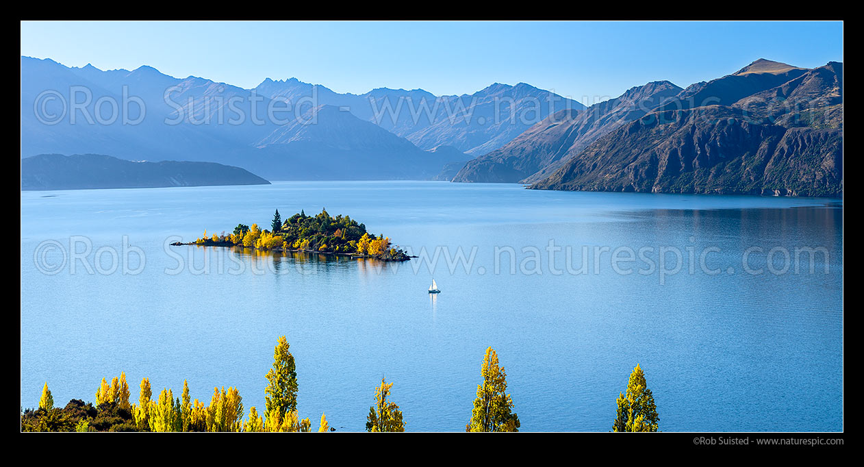 Image of Lake Wanaka panorama with sailboat passing Ruby Island in autumn colours, Wanaka, Queenstown Lakes District, Otago Region, New Zealand (NZ) stock photo image