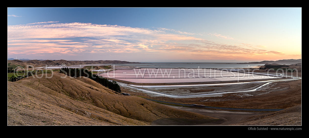 Image of Grassmere Saltworks and Lake Grassmere, in Clifford Bay. Morning panorama, Seddon, Lake Grassmere, Marlborough District, Marlborough Region, New Zealand (NZ) stock photo image