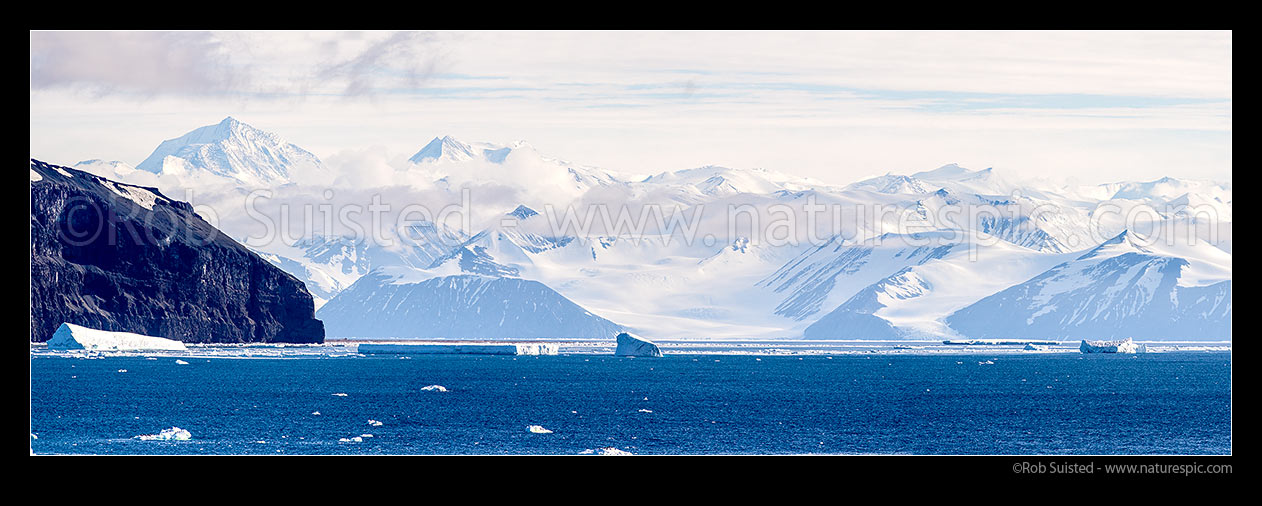 Image of Cape Adare and Ridley Beach at left, with Admiralty Mountains, and Robertson Bay behind. Panorama, Ross Sea, Antarctica Region, Antarctica stock photo image