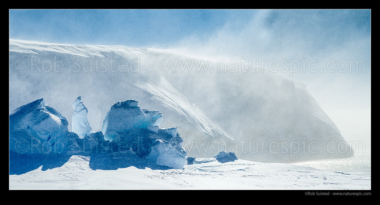 Image of Blizzard winds blowing spindrift snow and ice over pressure ridges during a catabatic storm blow of the Ross Ice Shelf. Panorama, Ross Sea, Antarctica Region, Antarctica stock photo image