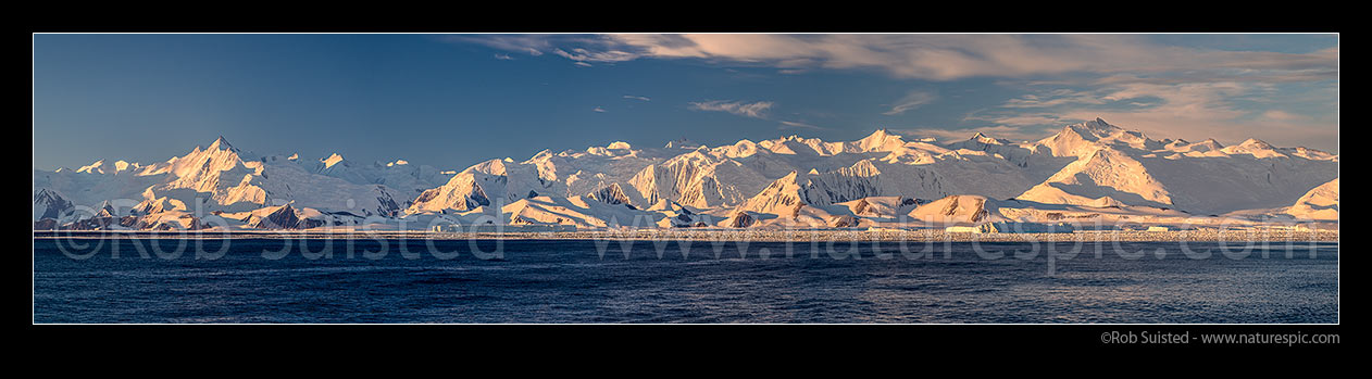 Image of Admiralty Mountains, with Mount Herschel (3335m) far left and Mt Minto (4165m) centre and Mt Sabine (3720m) and Moubray Glacier at right. Moubray Bay. Panorama, Ross Sea, Antarctica Region, Antarctica stock photo image